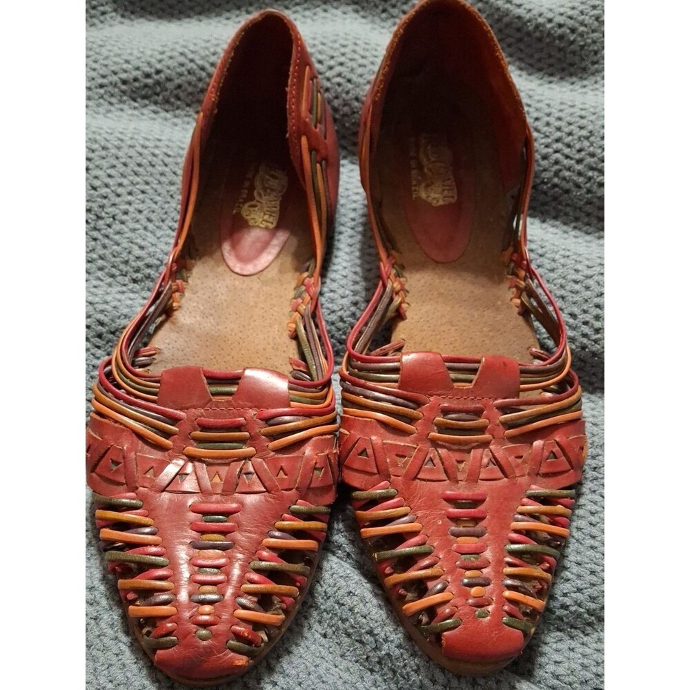 Red Camel Red Woven Leather Flats with Multicolor Straps